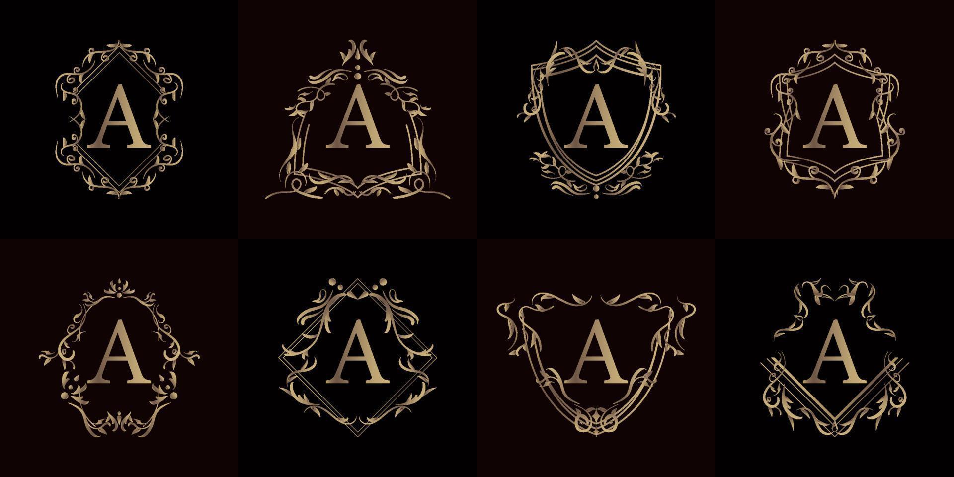 Logo initial A with luxury ornament or flower frame, set collection. vector