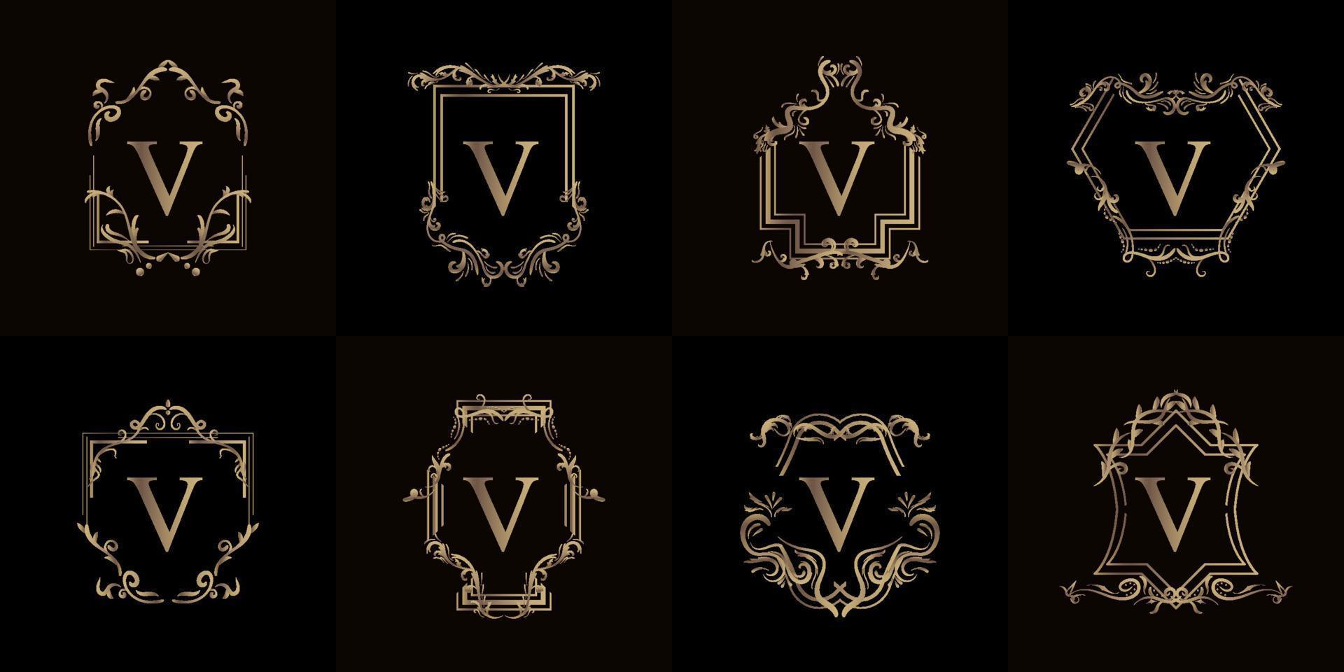 Collection of Logo initial V with luxury ornament or flower frame vector