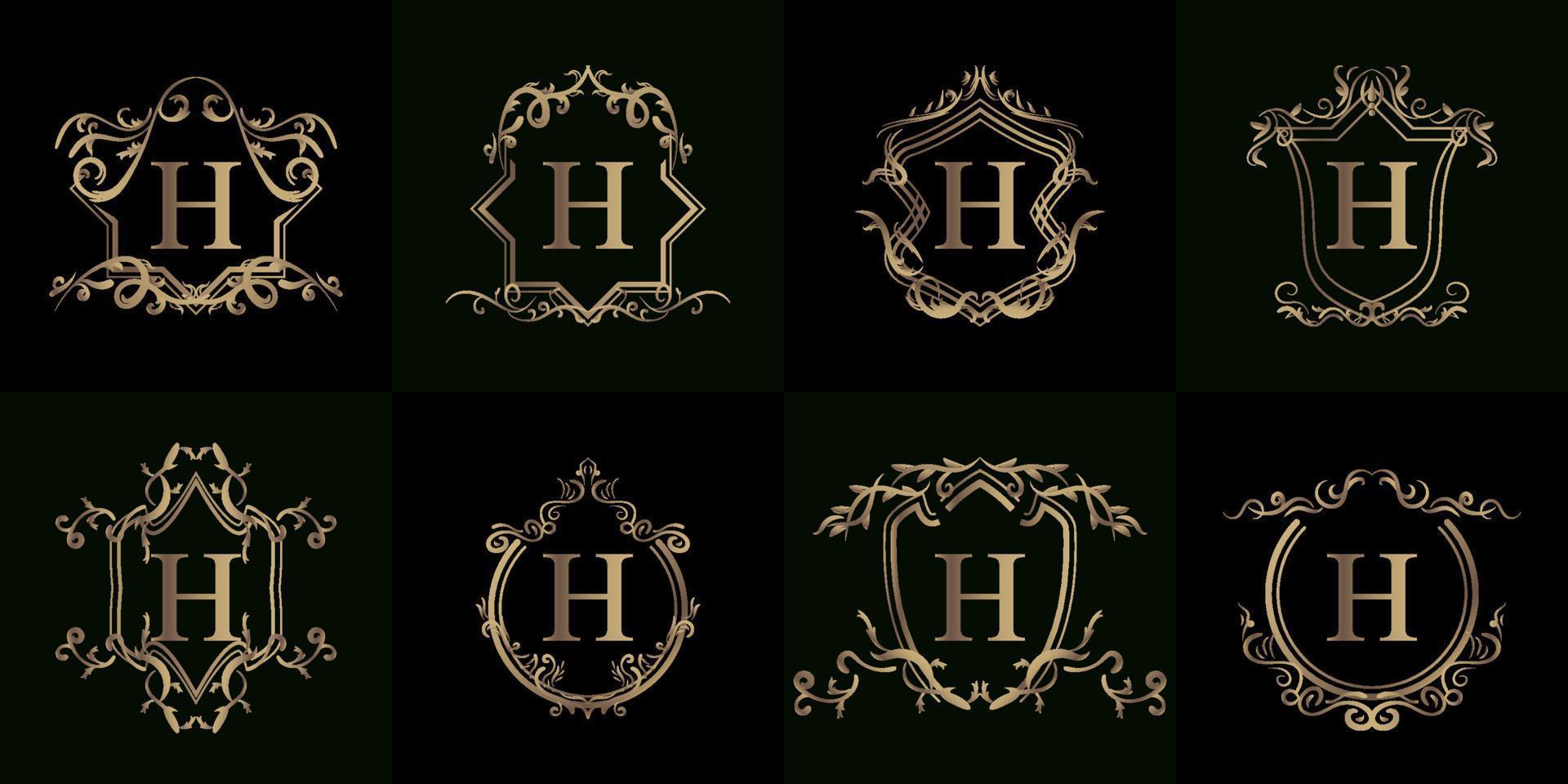 colección de logotipo h inicial con adorno de lujo o marco de flores vector