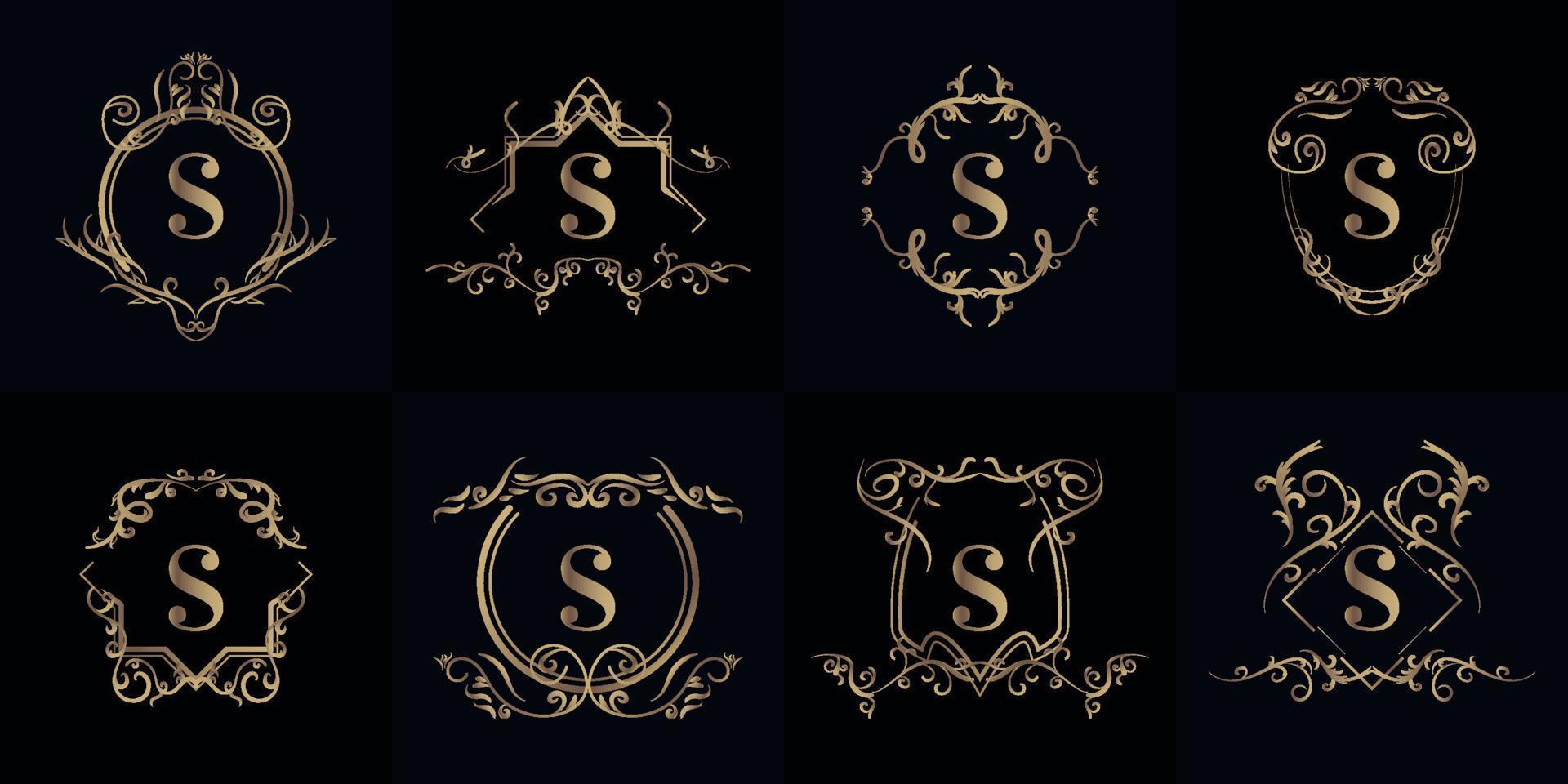 conjunto de logotipo inicial s con adorno de lujo o marco de flores vector