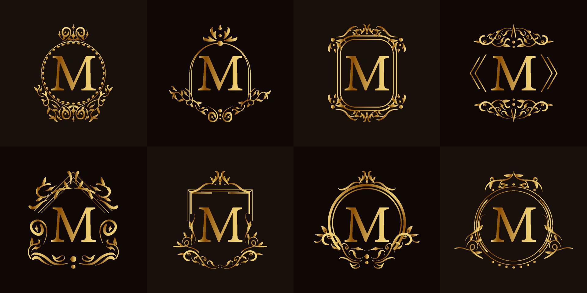 Logo initial M with luxury ornament or flower frame, set collection. vector