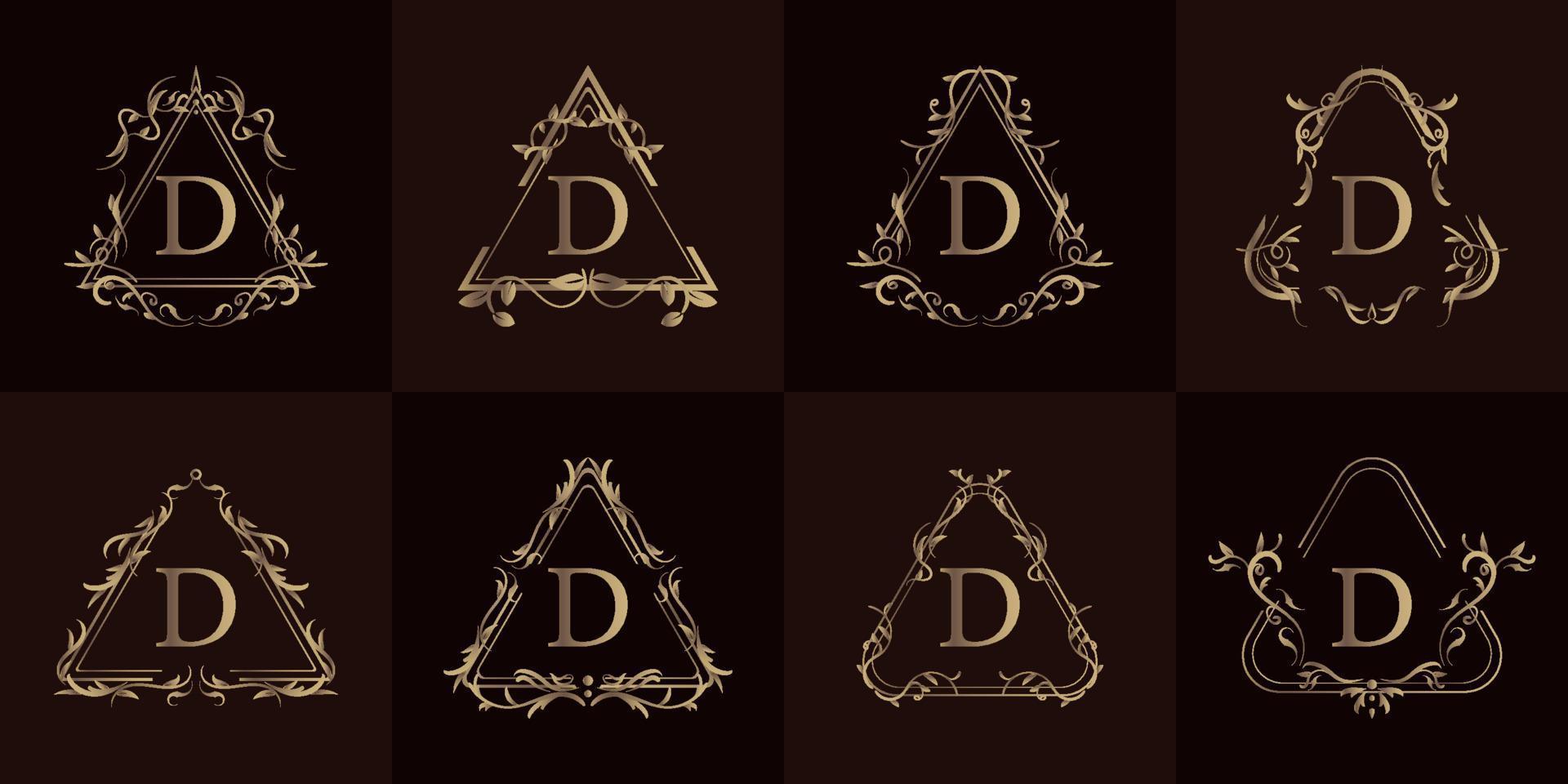 logotipo inicial d con adorno de lujo o marco de flores, colección de juegos. vector