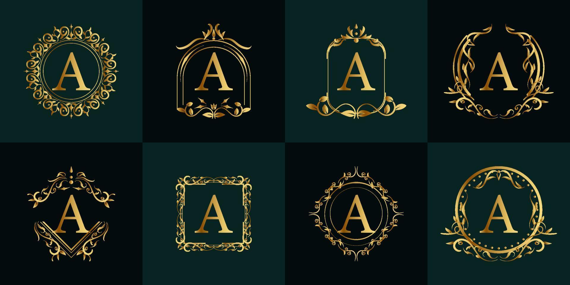 Logo initial A with luxury ornament or flower frame, set collection. vector