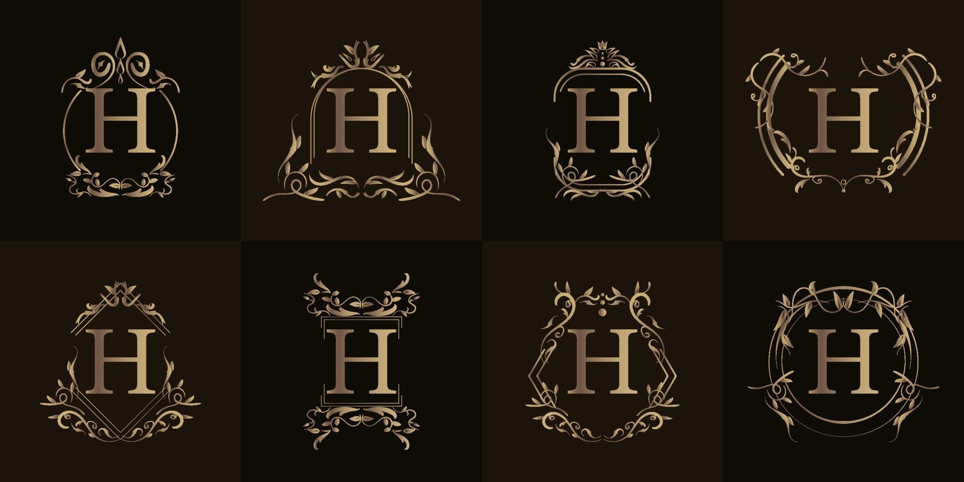 Logo initial H with luxury ornament or flower frame, set collection. vector