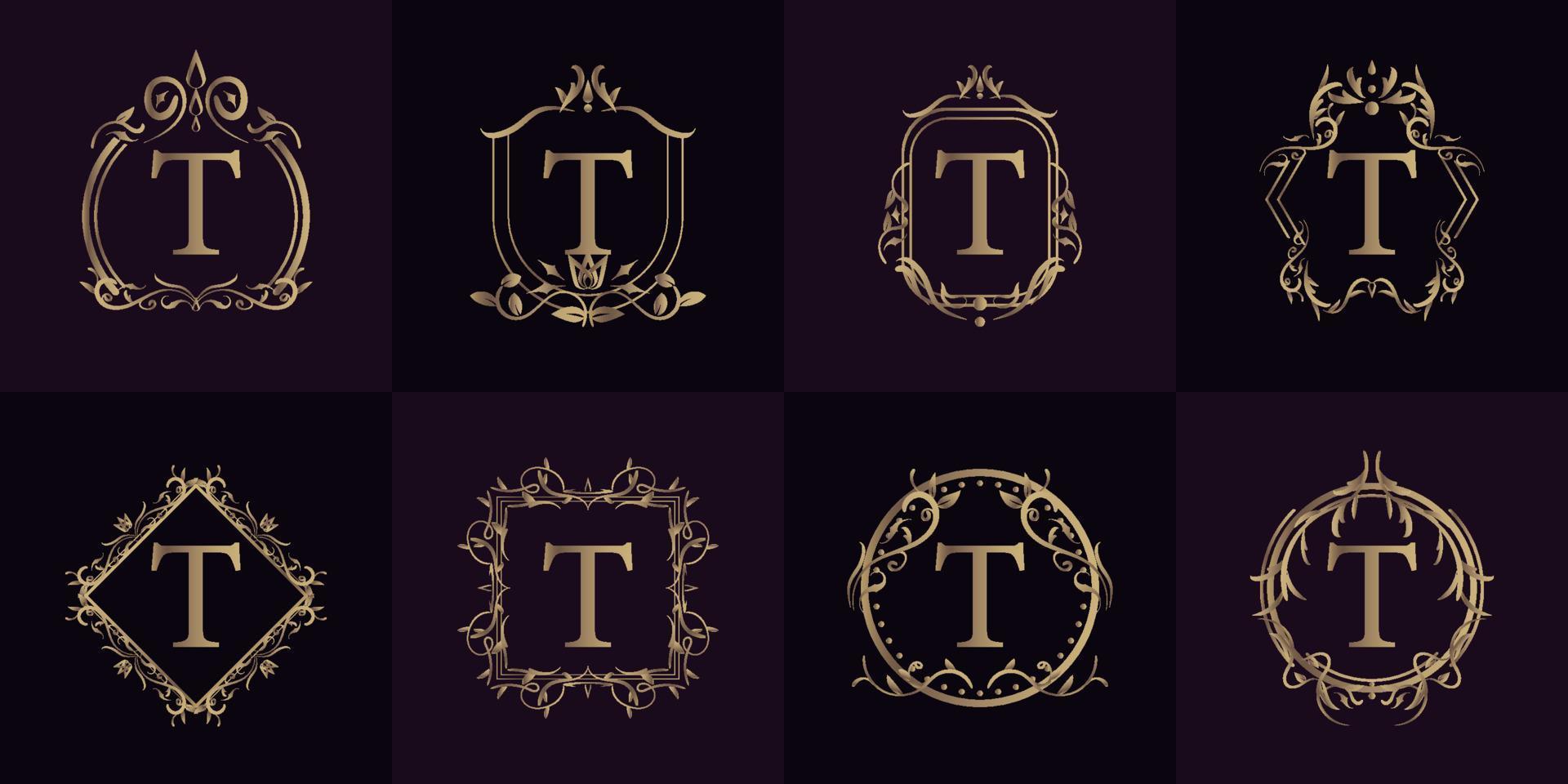 logotipo inicial t con adorno de lujo o marco de flores, colección de juegos. vector