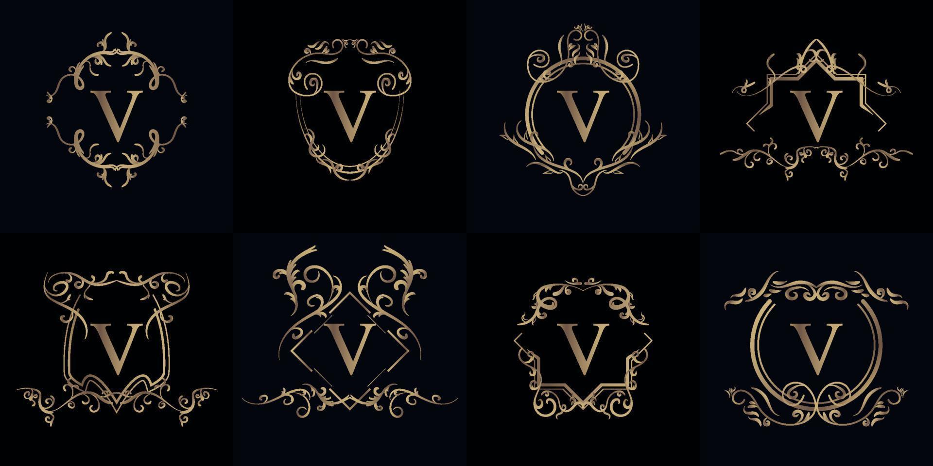 Set of Logo initial V with luxury ornament or flower frame vector