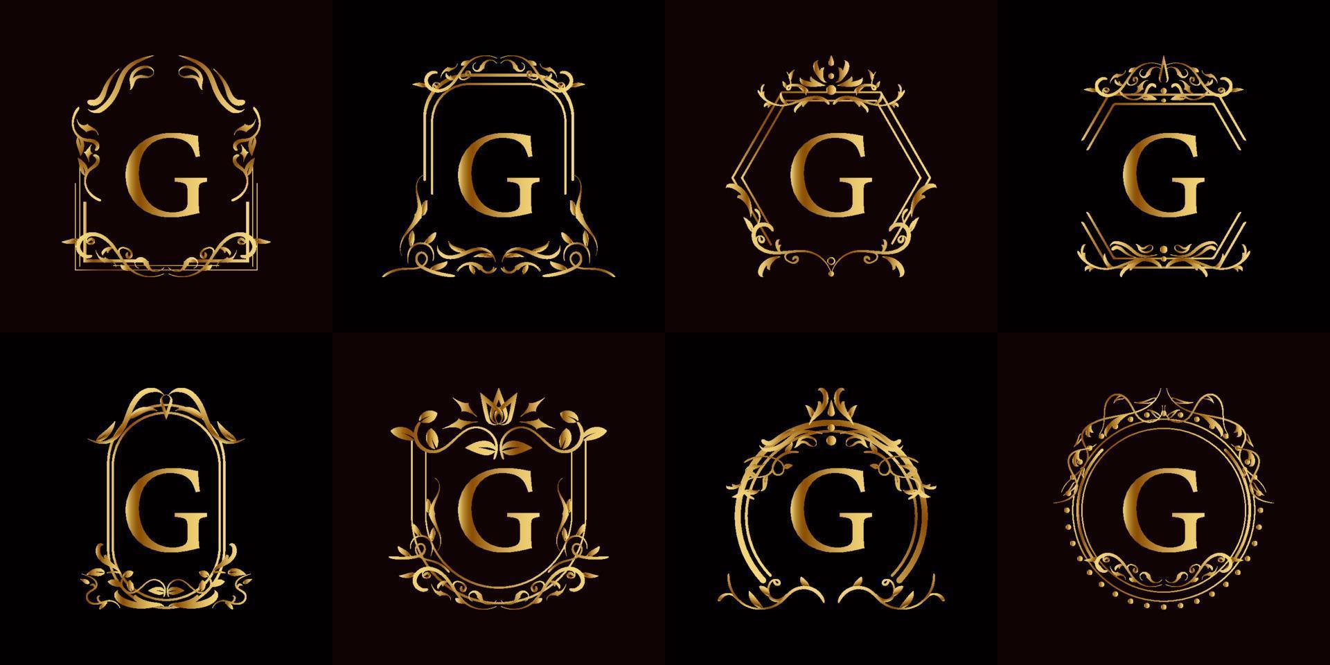 logotipo inicial g con adorno de lujo o marco de flores, colección de juegos. vector