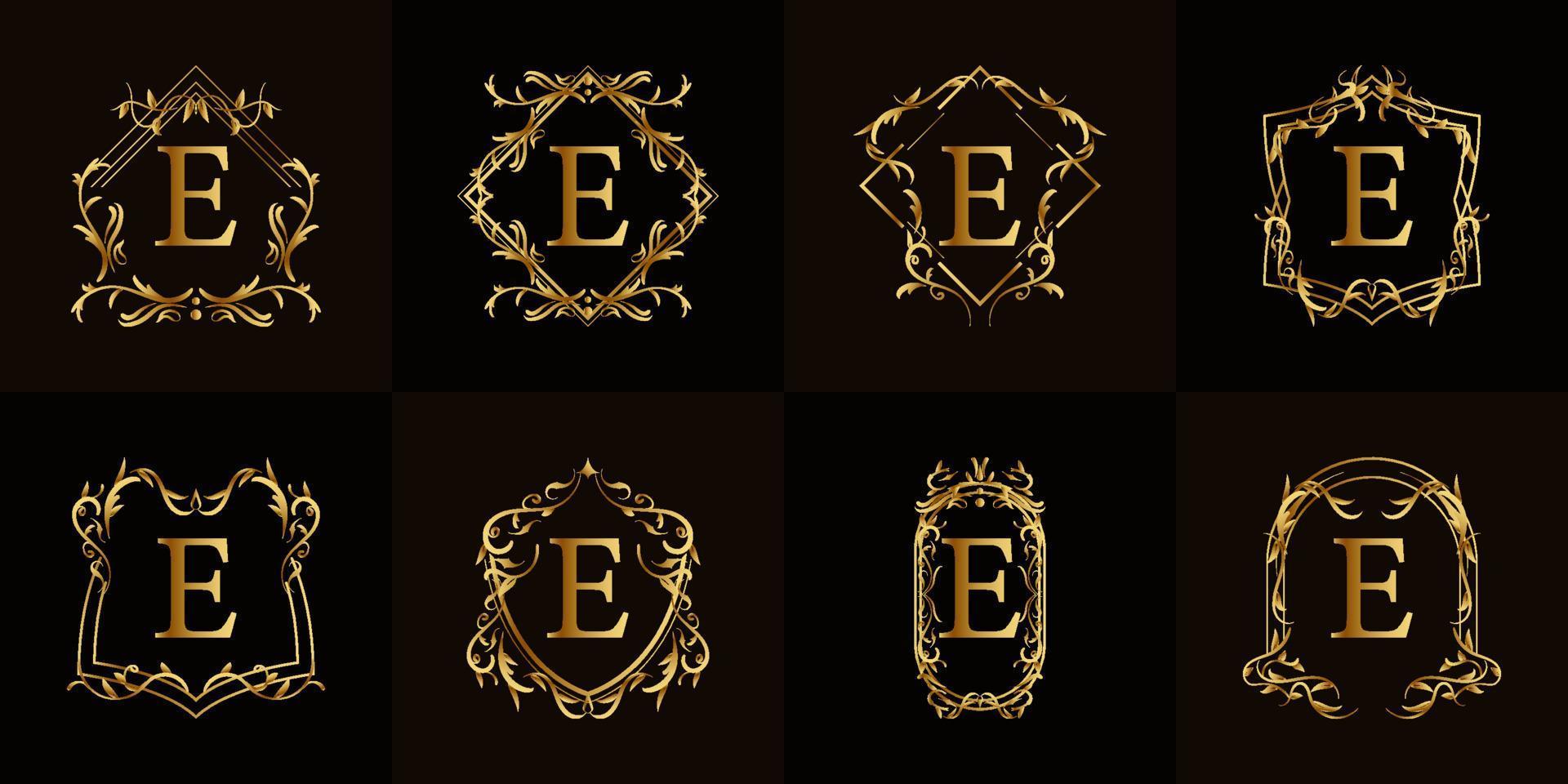 Logo initial E with luxury ornament or flower frame, set collection. vector