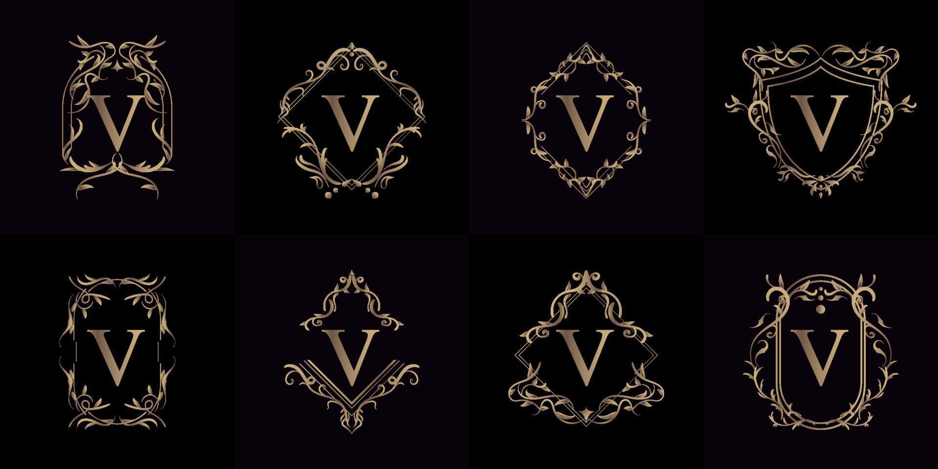 colección de logo inicial v con adorno de lujo o marco de flores vector