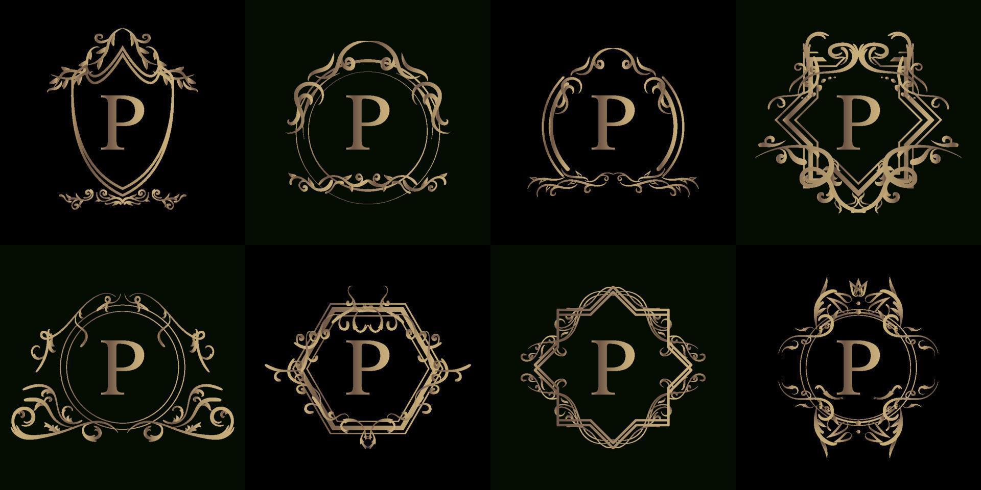 colección de logo inicial p con adorno de lujo o marco de flores vector