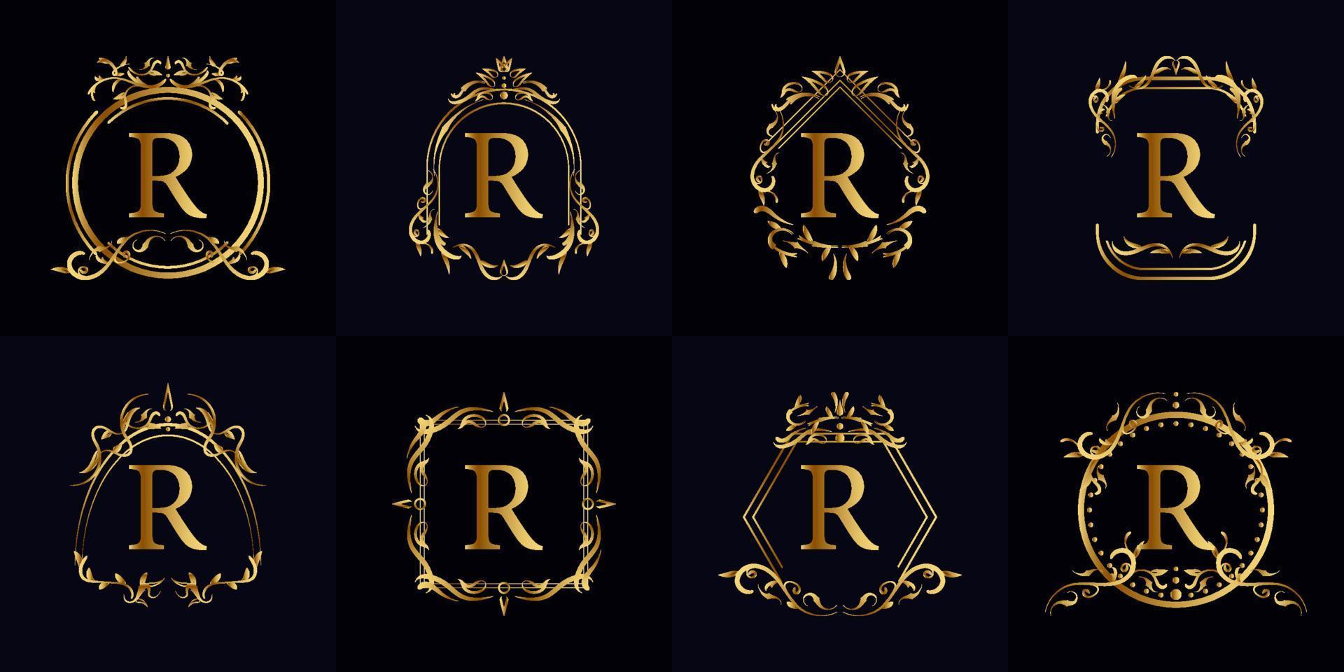 logotipo inicial r con adorno de lujo o marco de flores, colección de juegos. vector