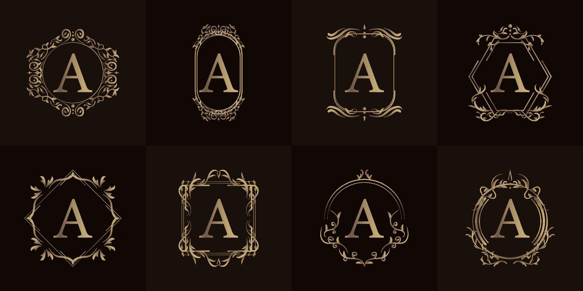 Logo initial A with luxury ornament or flower frame, set collection. vector