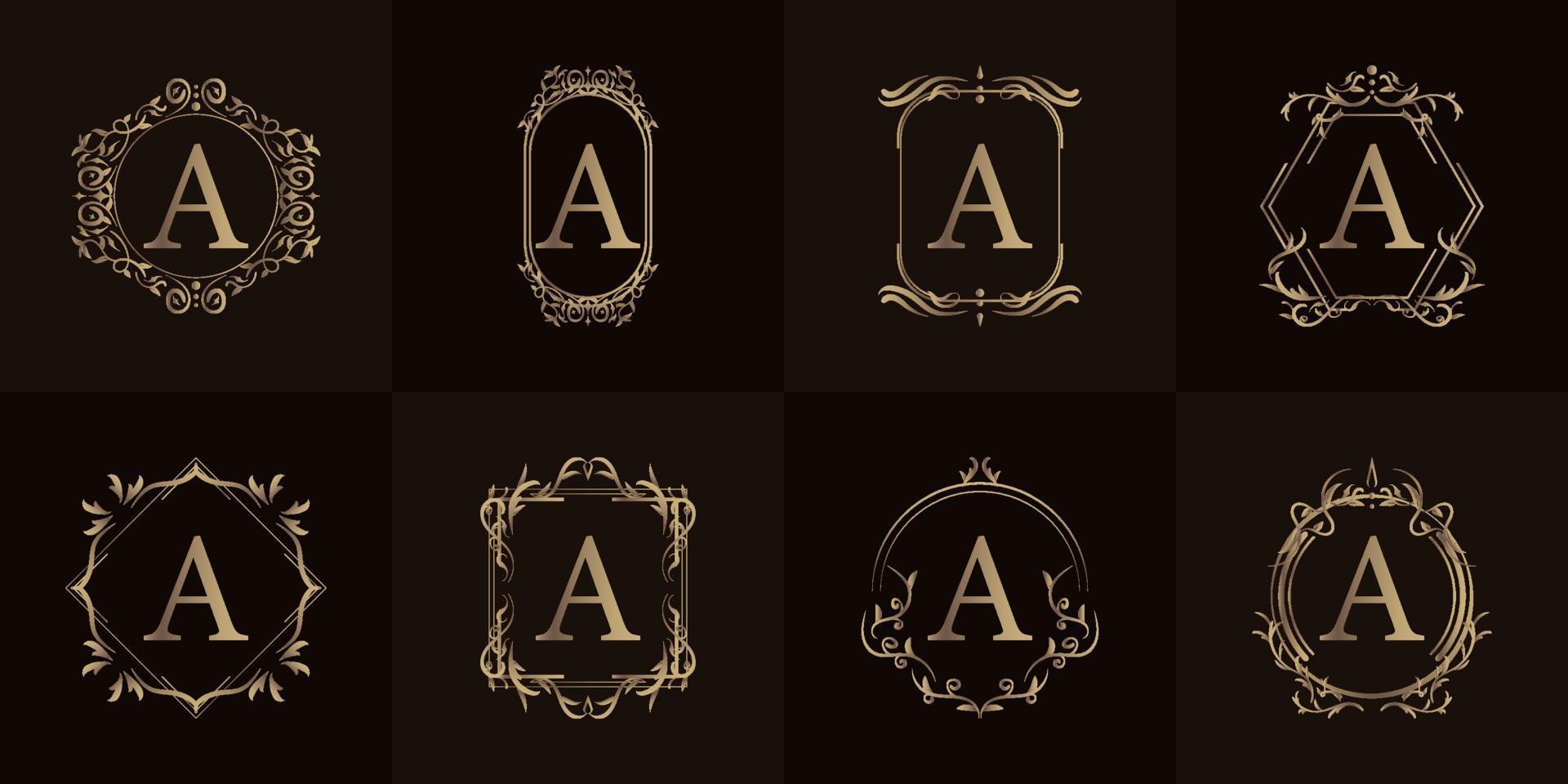 Logo initial A with luxury ornament or flower frame, set collection. vector