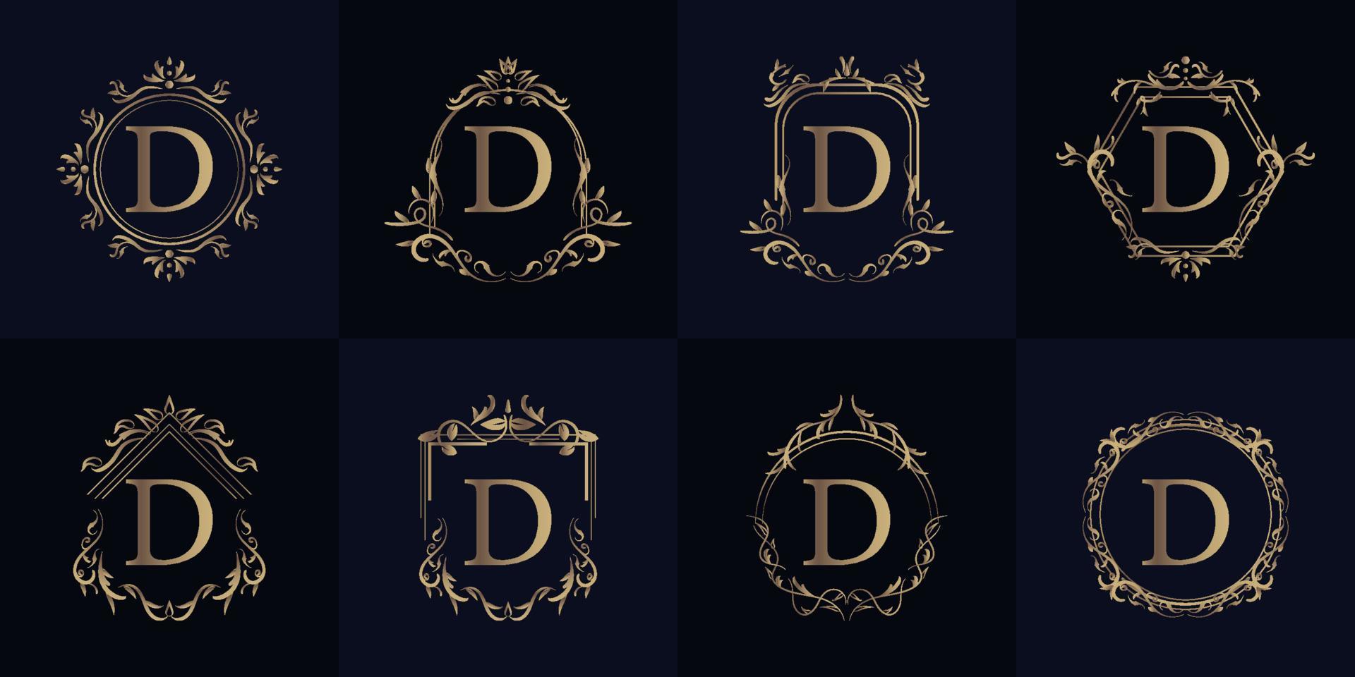 logotipo inicial d con adorno de lujo o marco de flores, colección de juegos. vector
