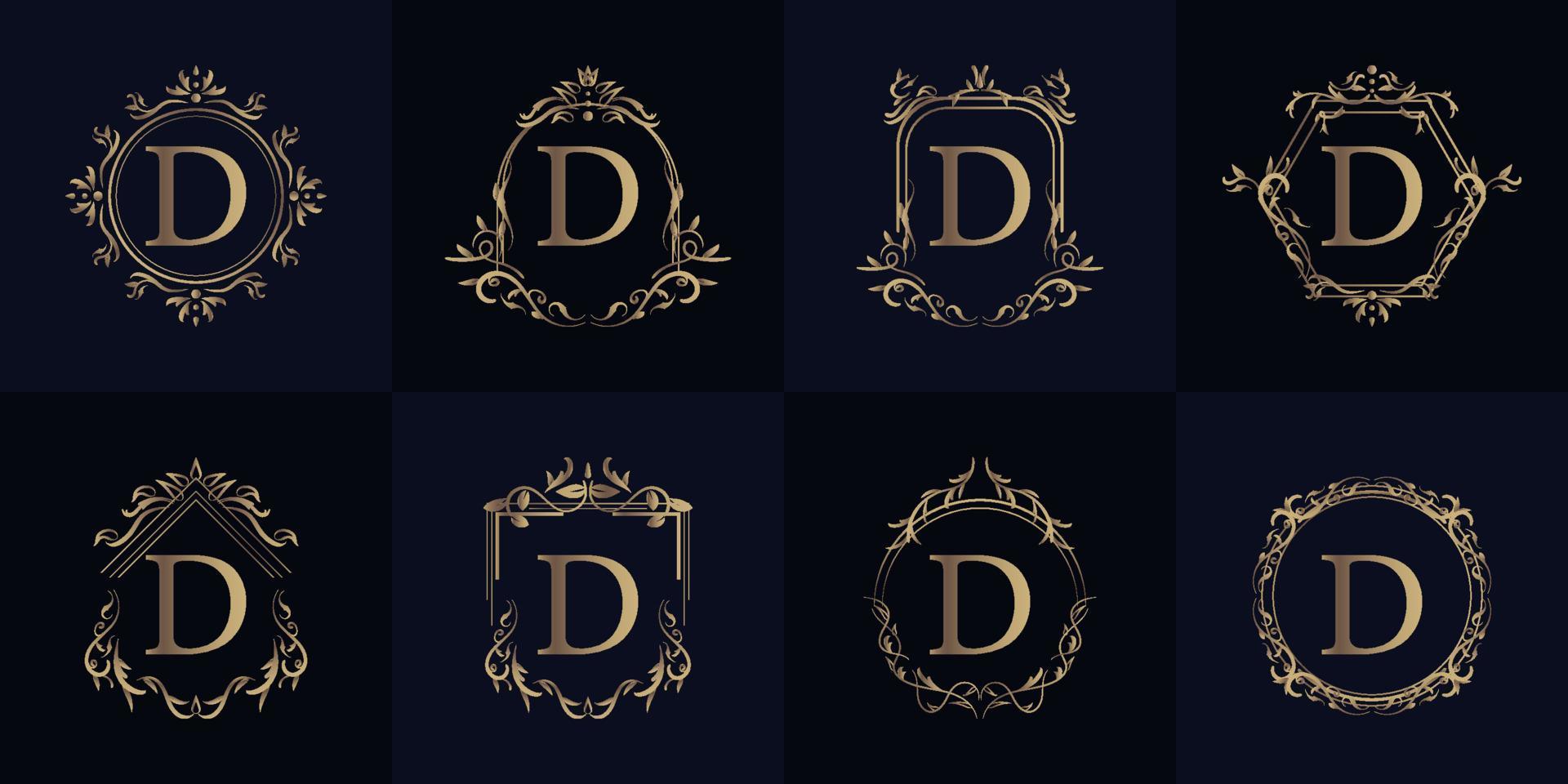 Logo initial D with luxury ornament or flower frame, set collection. vector