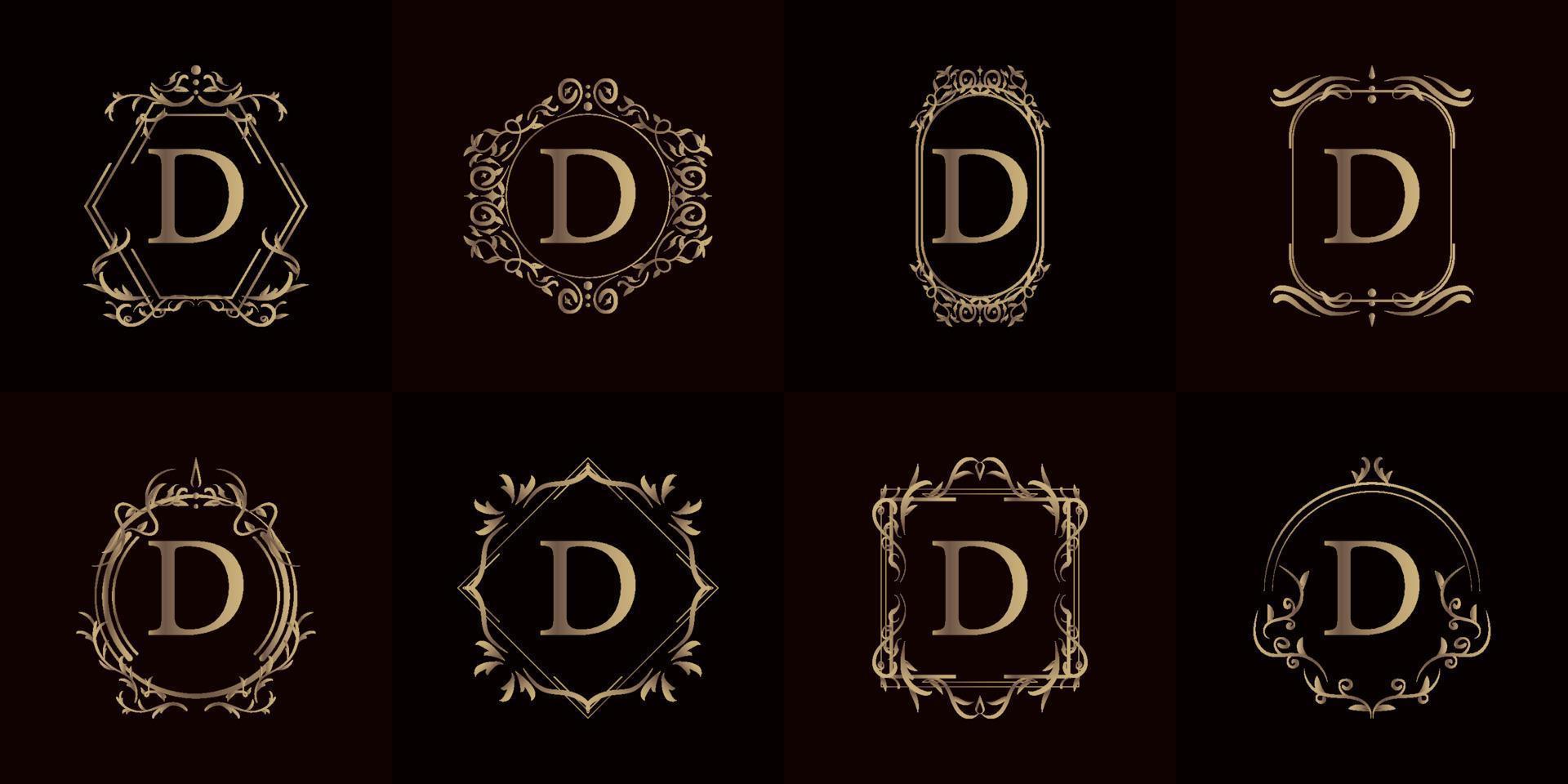 Logo initial D with luxury ornament or flower frame, set collection. vector