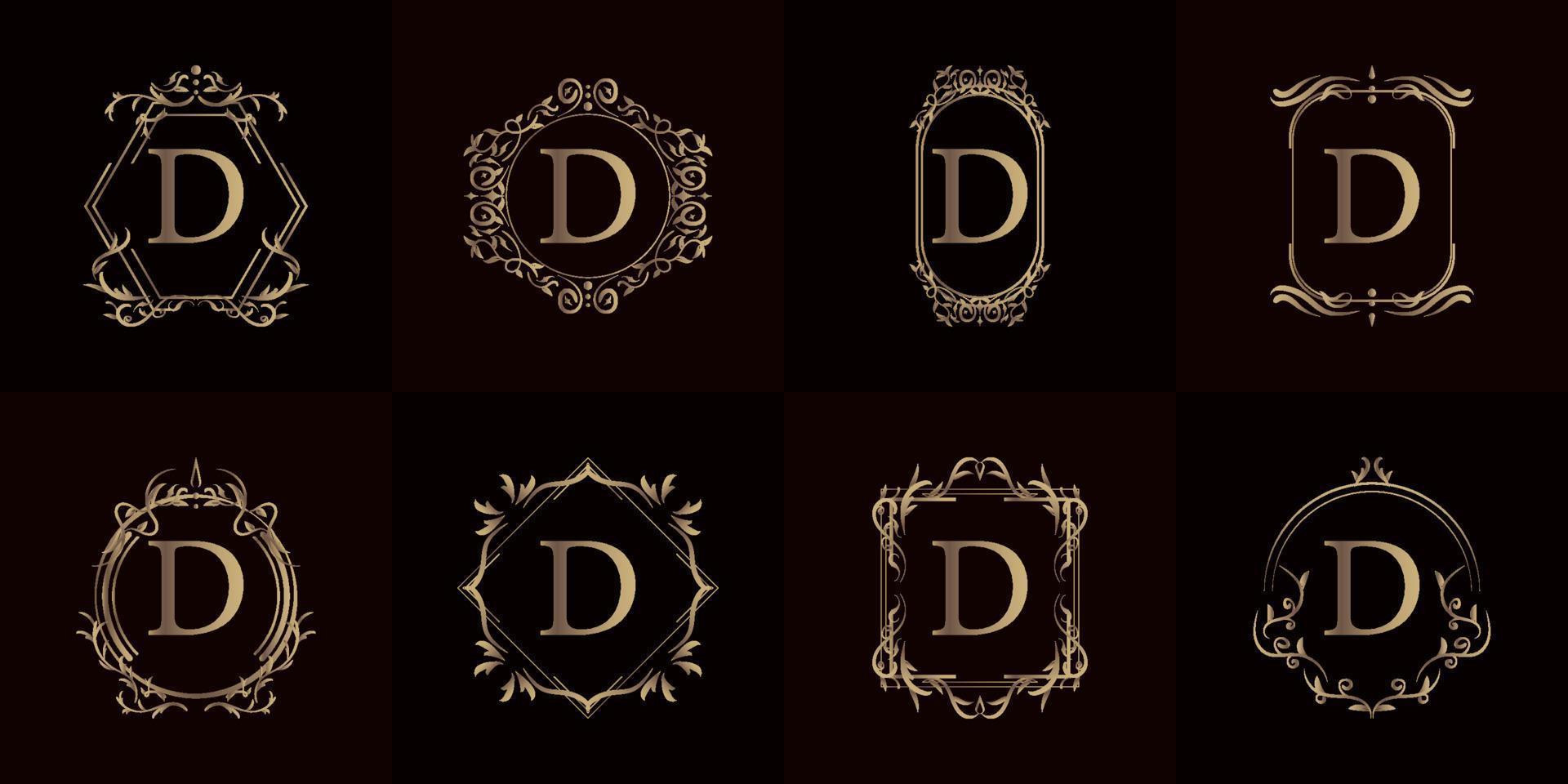 logotipo inicial d con adorno de lujo o marco de flores, colección de juegos. vector