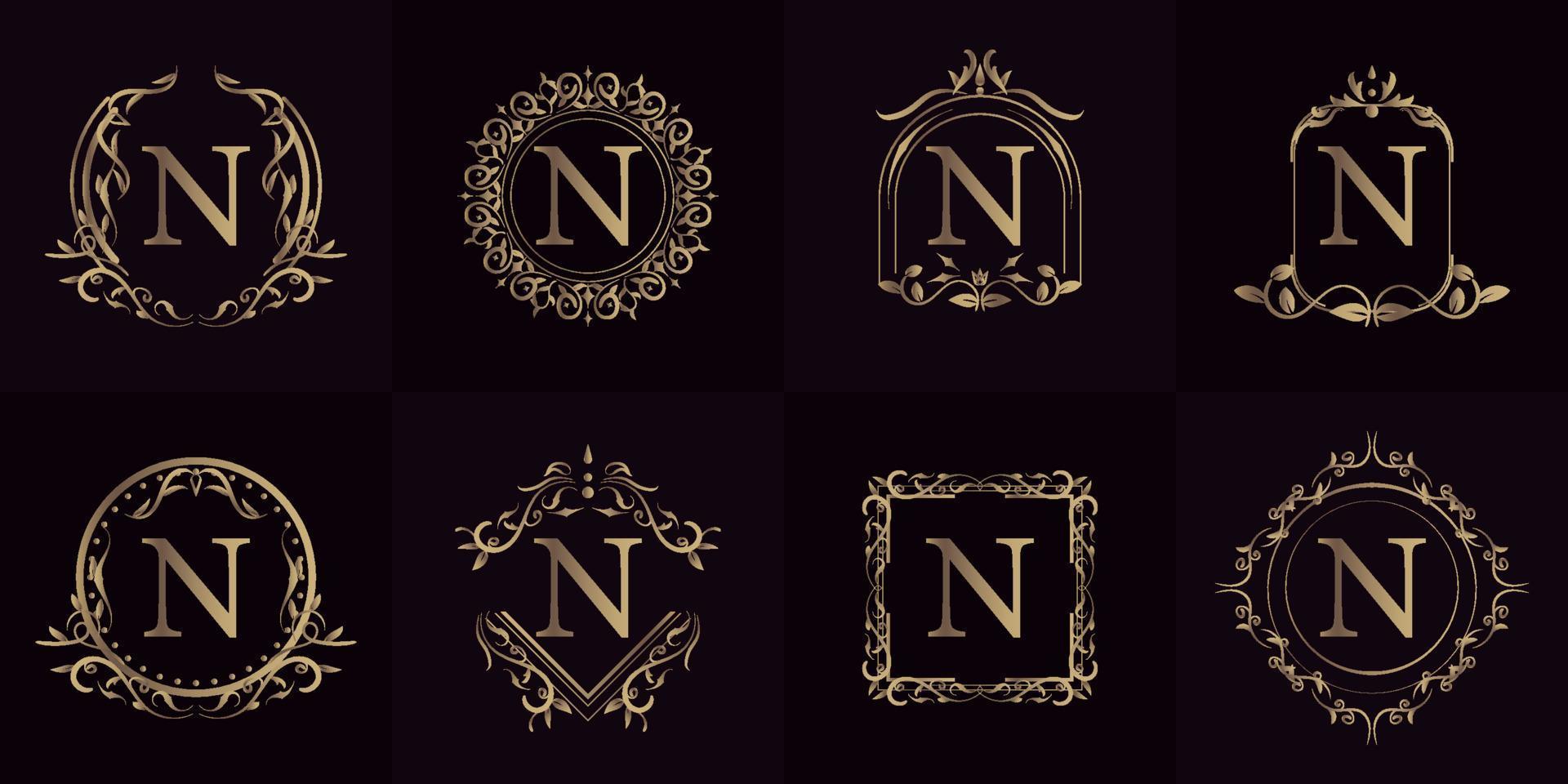 Logo initial N with luxury ornament or flower frame, set collection. vector