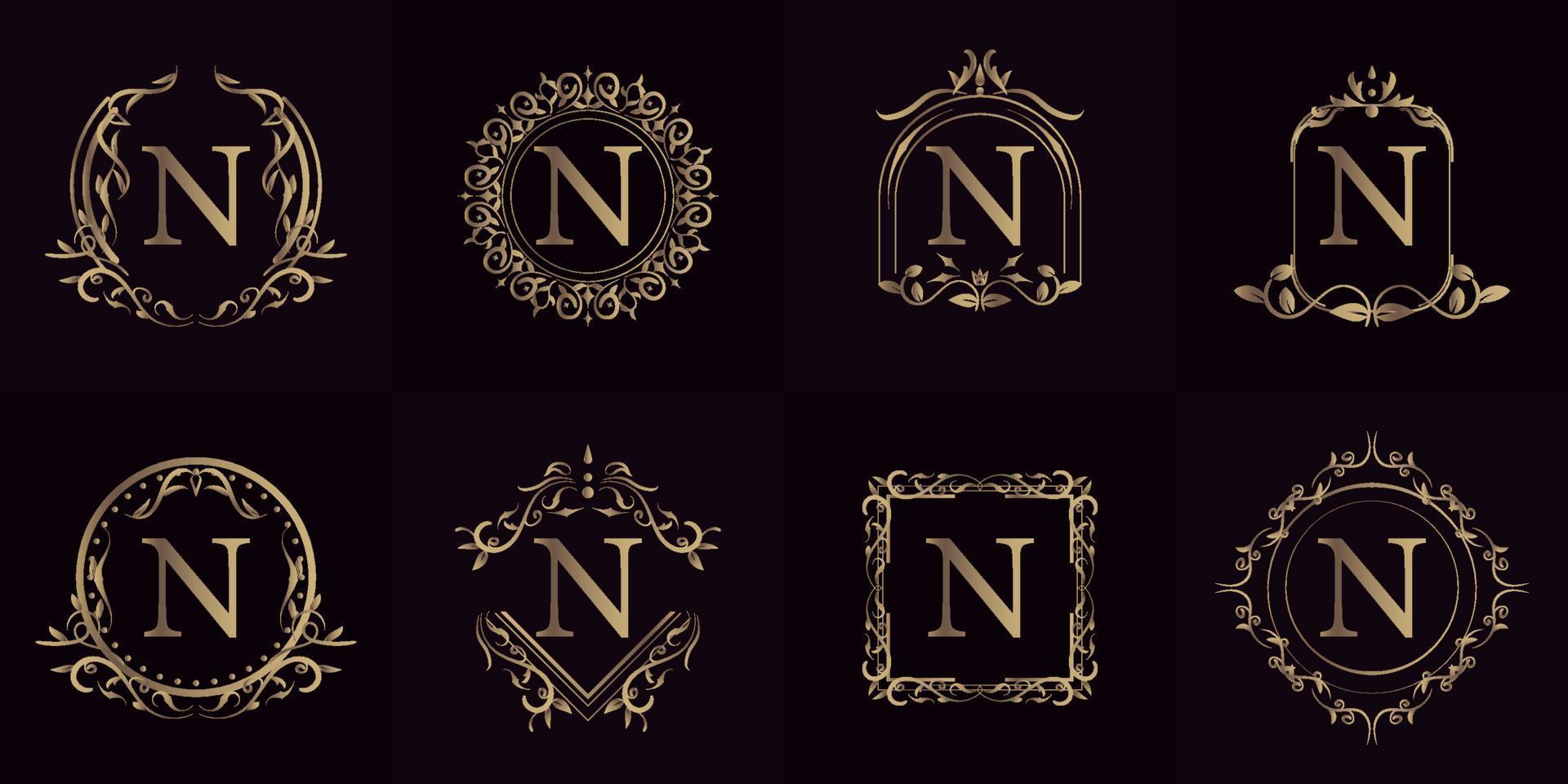 logotipo inicial n con adorno de lujo o marco de flores, colección de juegos. vector