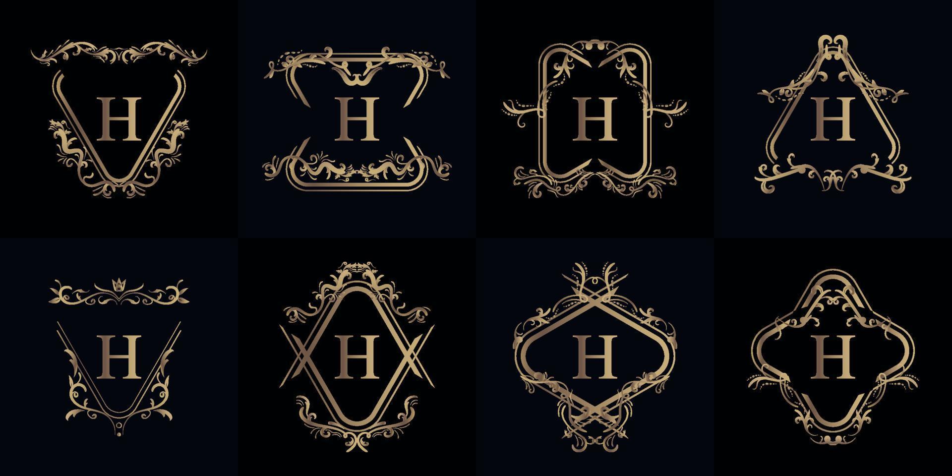 colección de logotipo h inicial con adorno de lujo o marco de flores vector