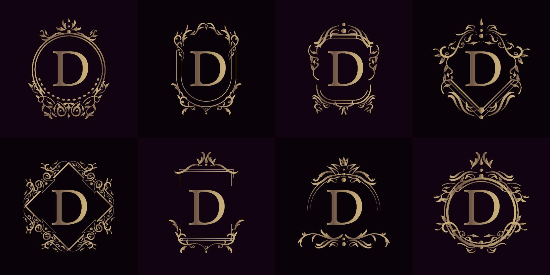 logotipo inicial d con adorno de lujo o marco de flores, colección de juegos. vector