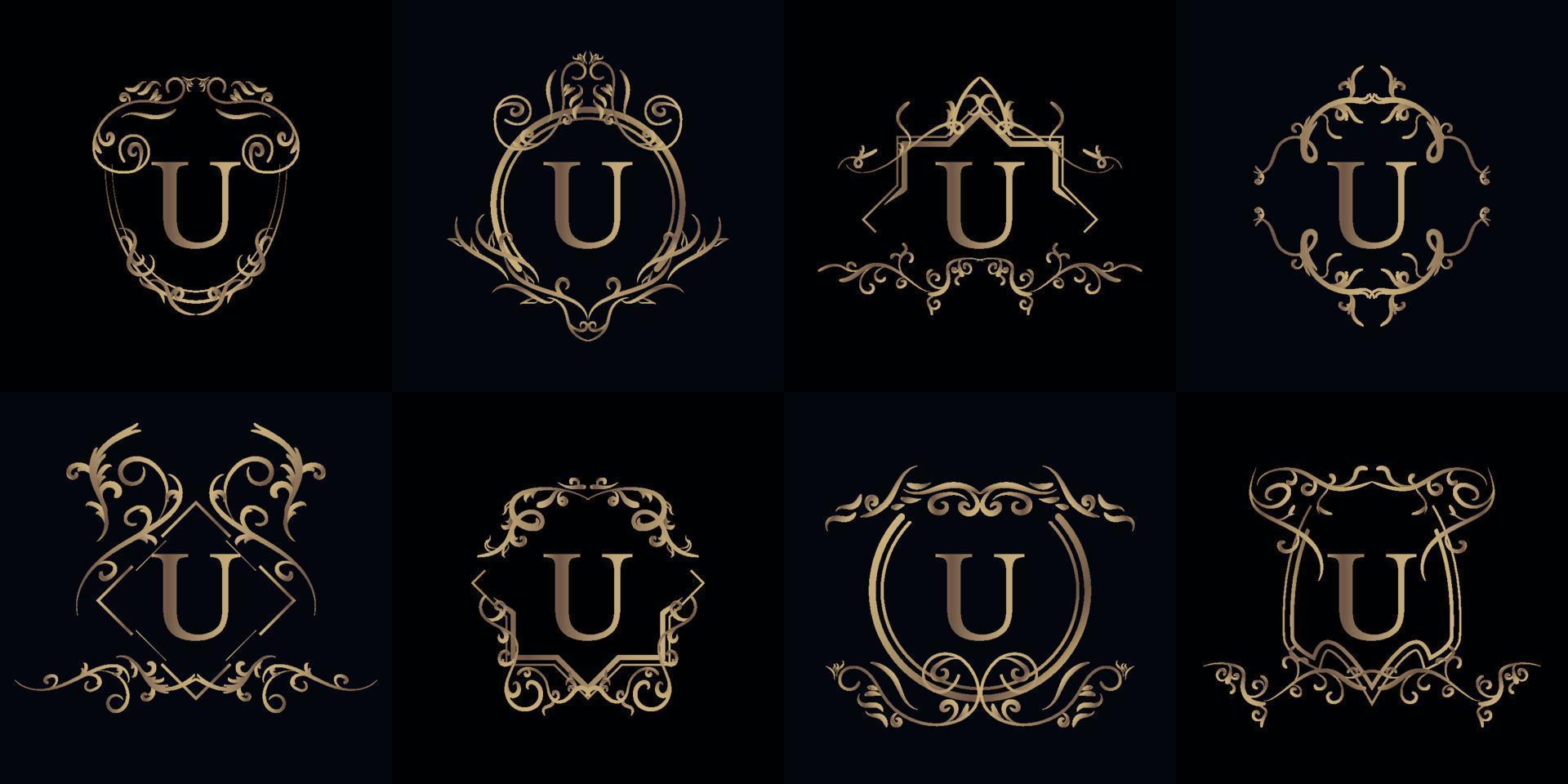 conjunto de logotipo inicial u con adorno de lujo o marco de flores vector