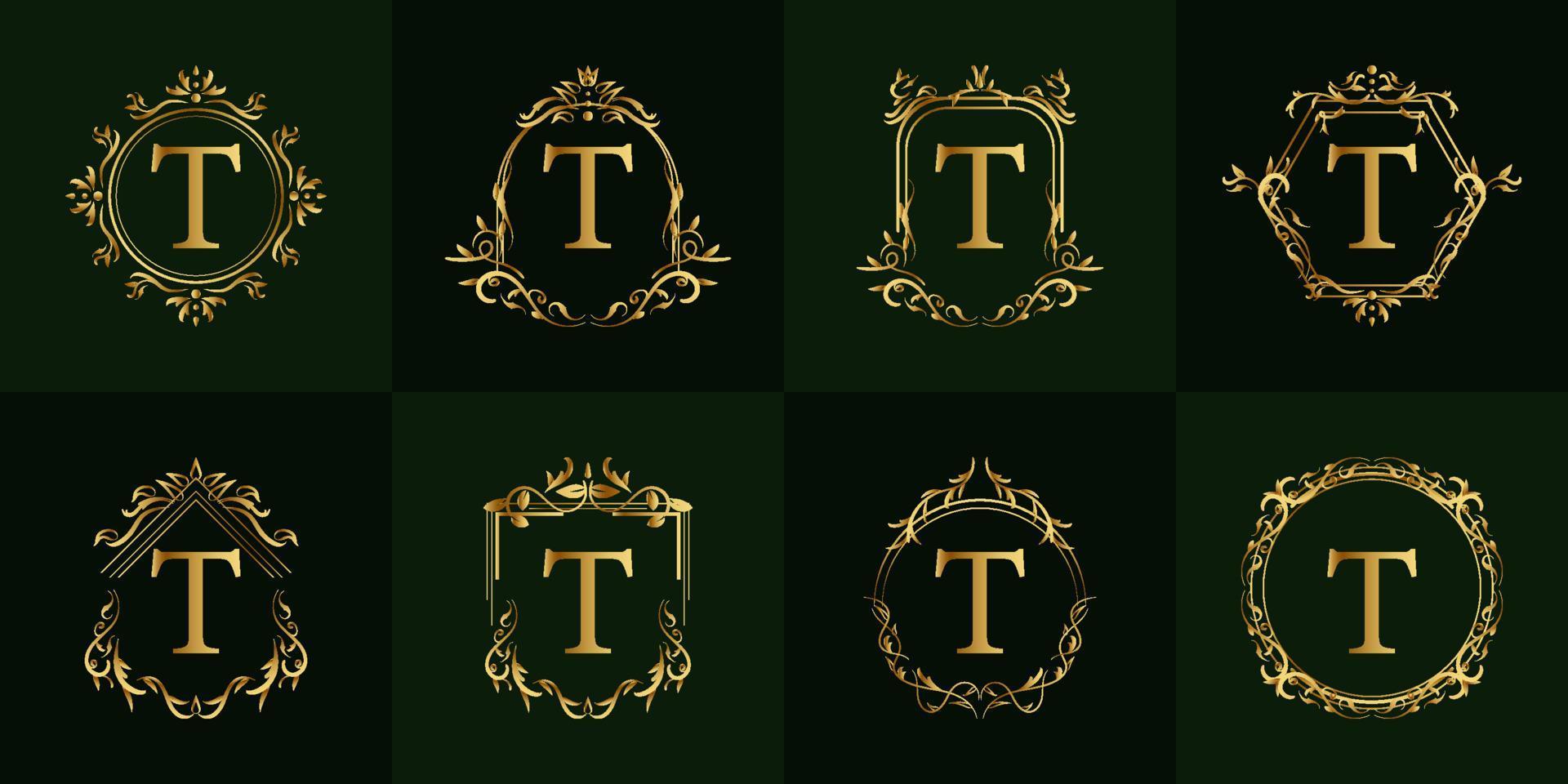 logotipo inicial t con adorno de lujo o marco de flores, colección de juegos. vector