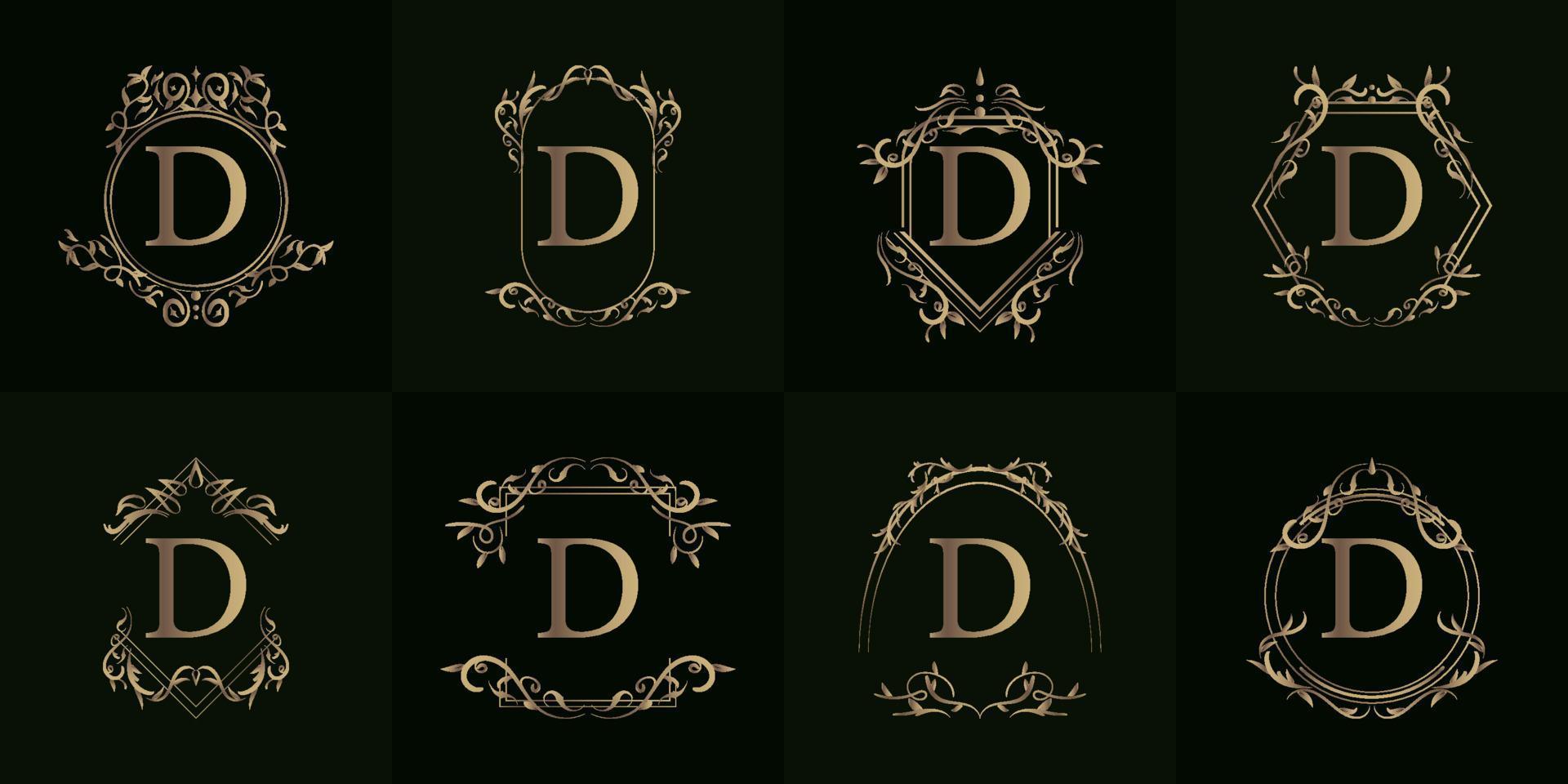 Logo initial D with luxury ornament or flower frame, set collection. vector