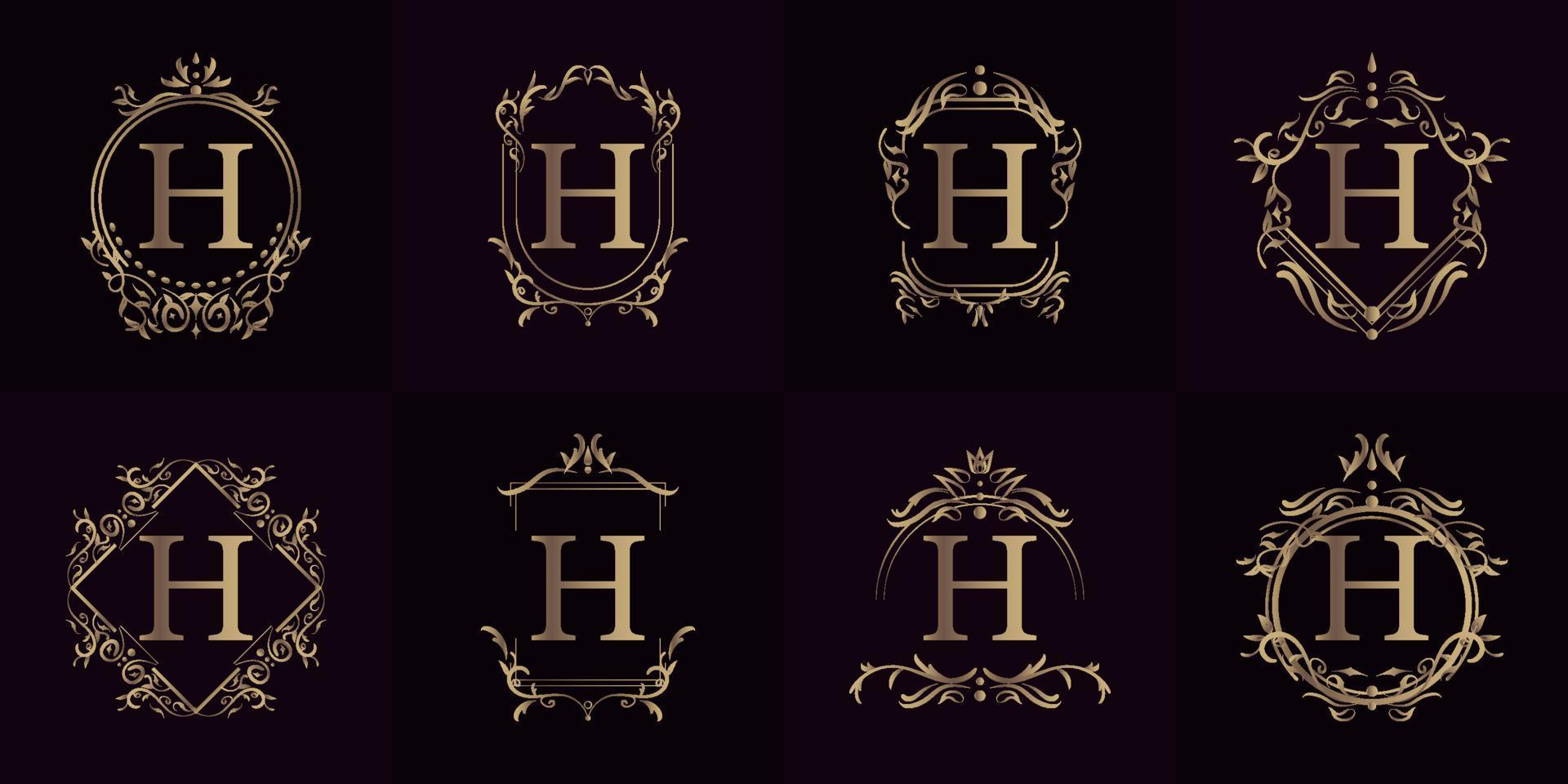 Logo initial H with luxury ornament or flower frame, set collection. vector