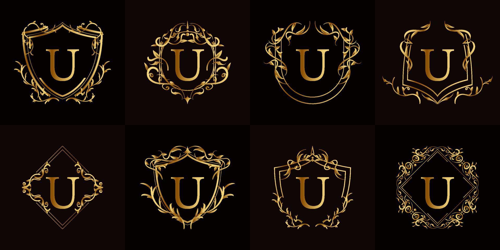 Logo initial U with luxury ornament or flower frame, set collection. vector