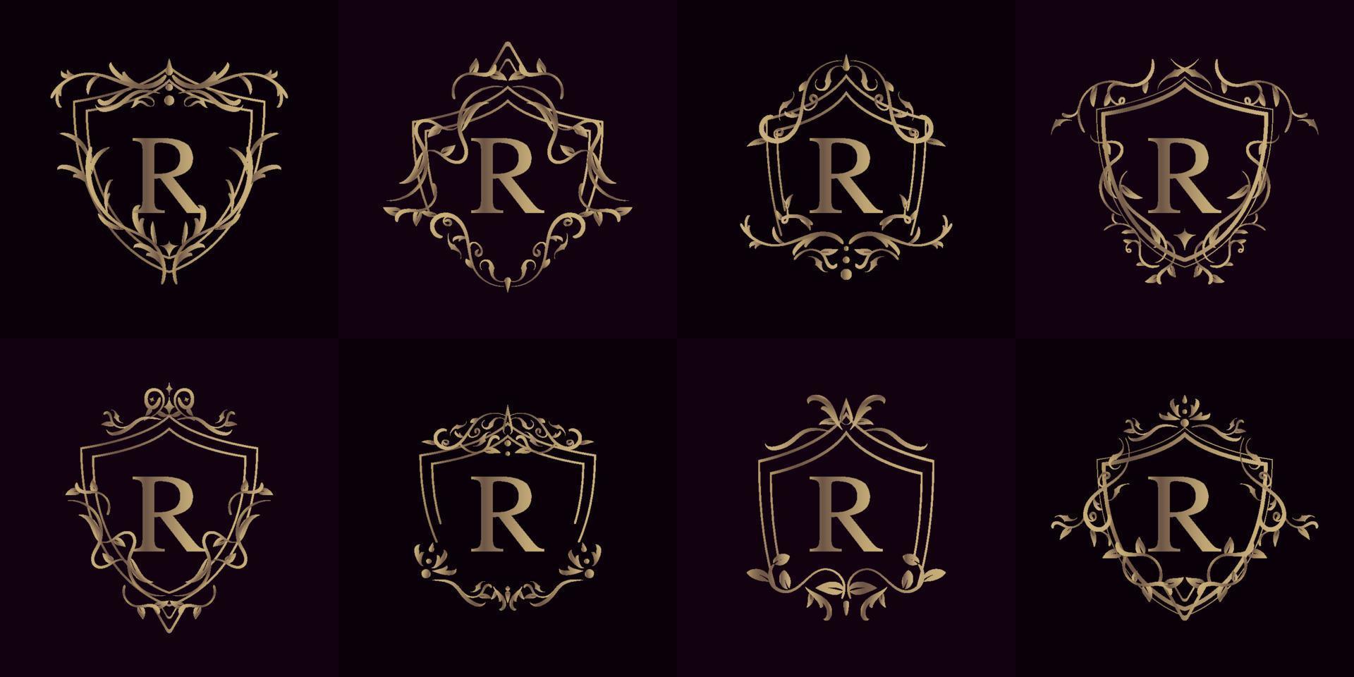 colección de logo inicial r con adorno de lujo o marco de flores vector