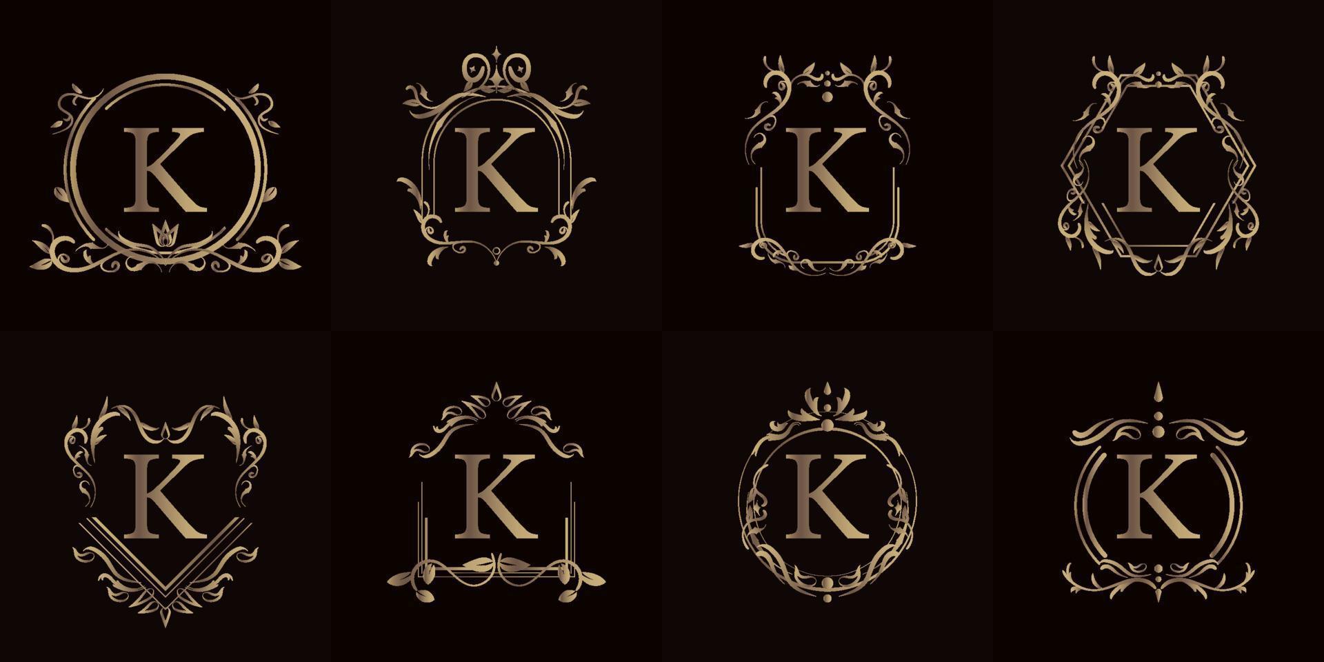 Logo initial K with luxury ornament or flower frame, set collection. vector