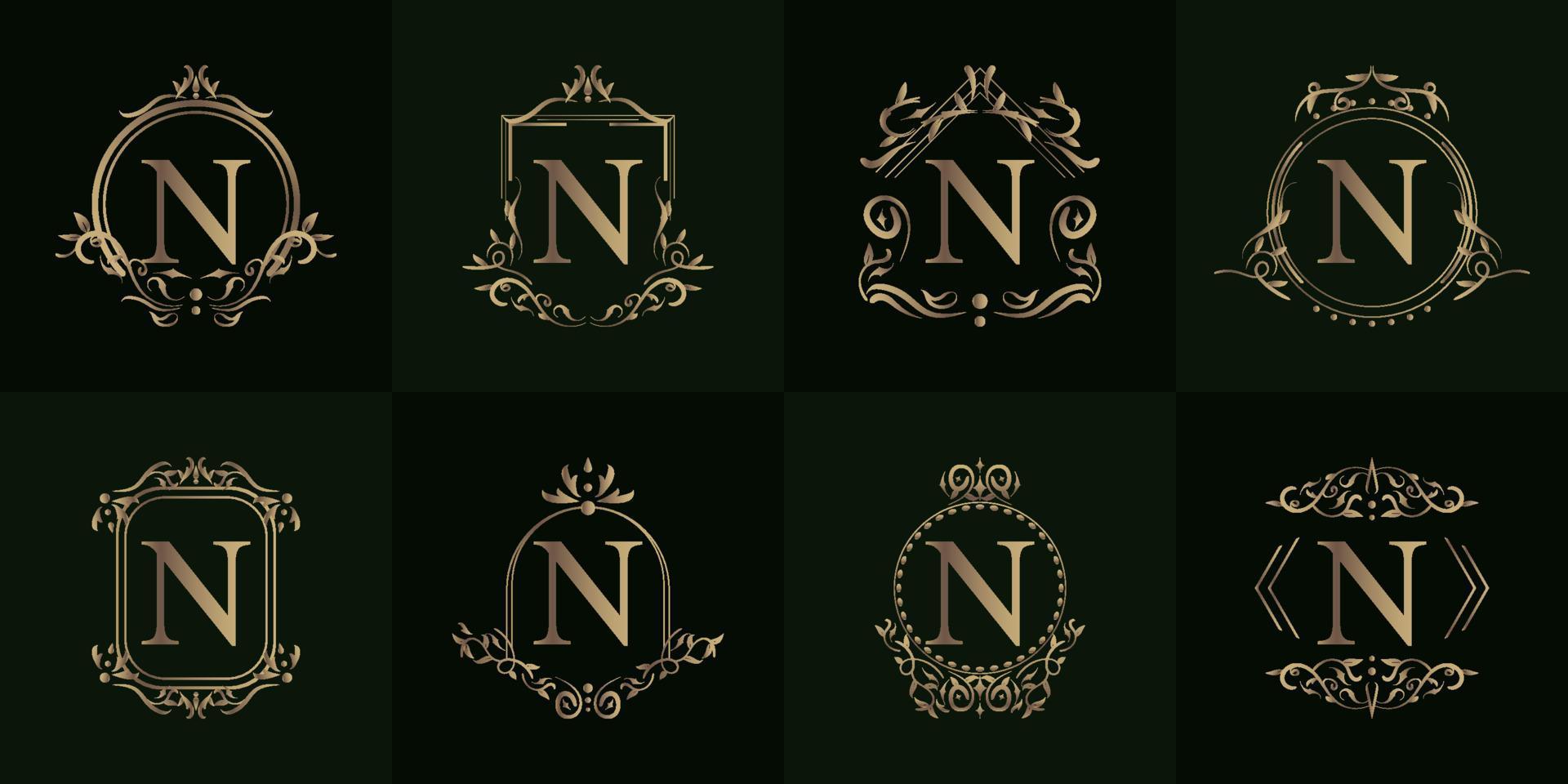 colección de logo inicial n con adorno de lujo o marco de flores vector