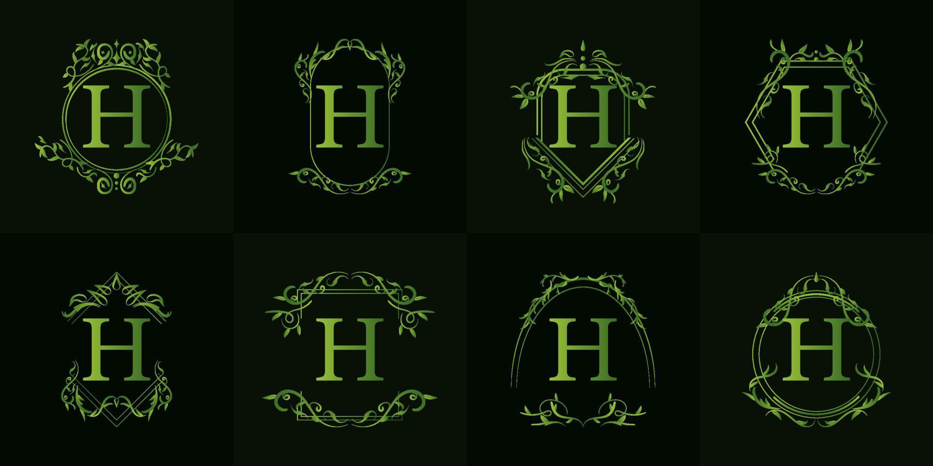 Logo initial H with luxury ornament or flower frame, set collection. vector