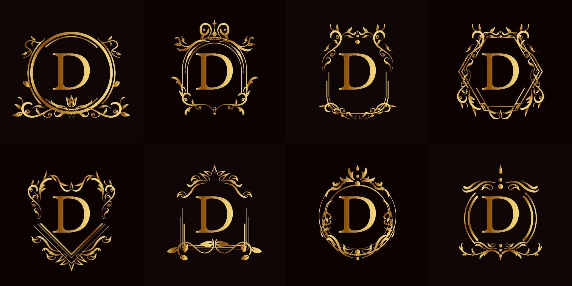 Logo initial D with luxury ornament or flower frame, set collection. vector