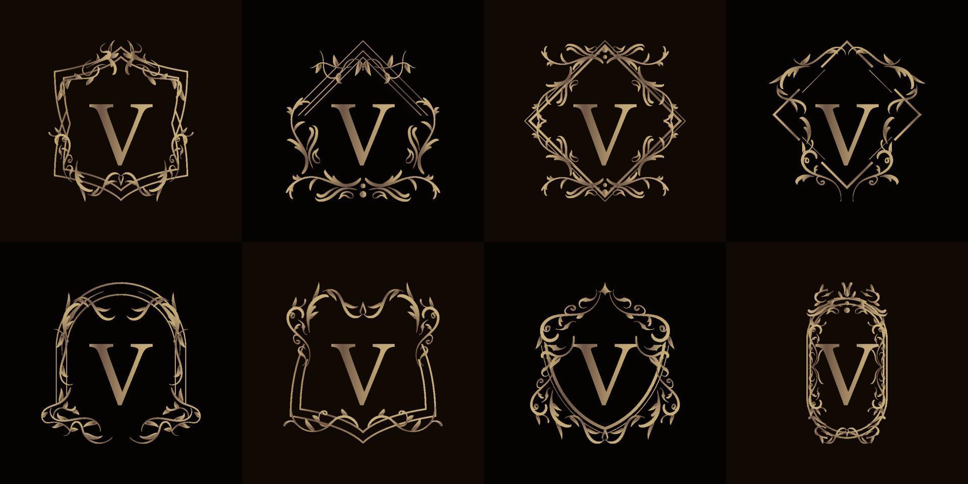 logotipo inicial v con adorno de lujo o marco de flores, colección de juegos. vector