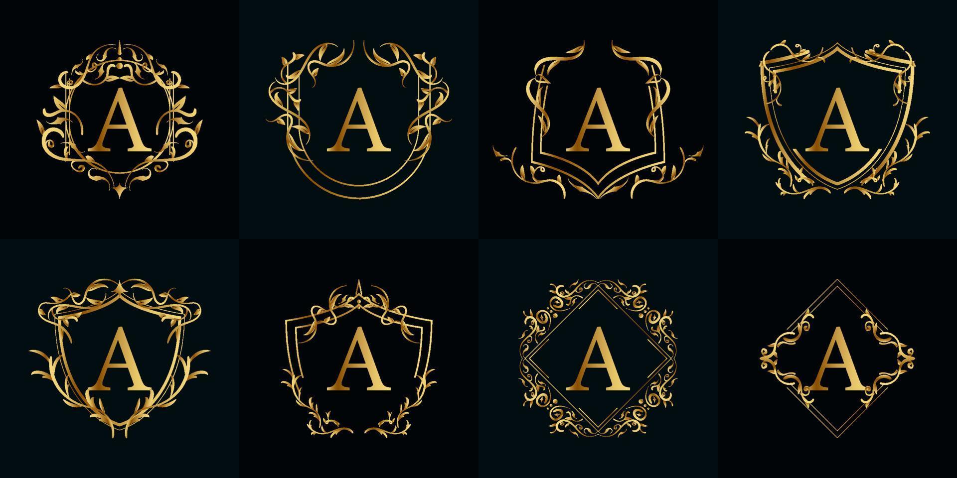 Logo initial A with luxury ornament or flower frame, set collection. vector