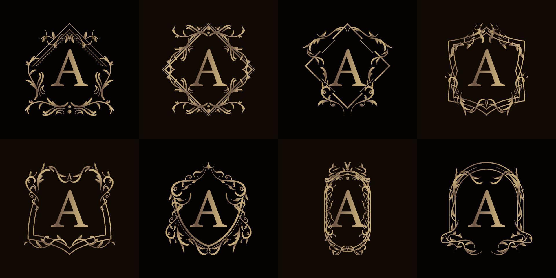 Logo initial A with luxury ornament or flower frame, set collection. vector