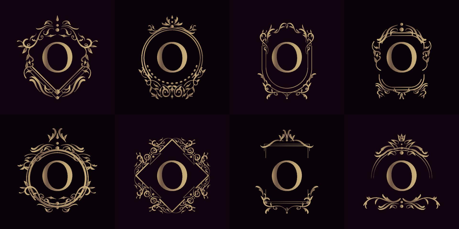 Logo initial O with luxury ornament or flower frame, set collection. vector