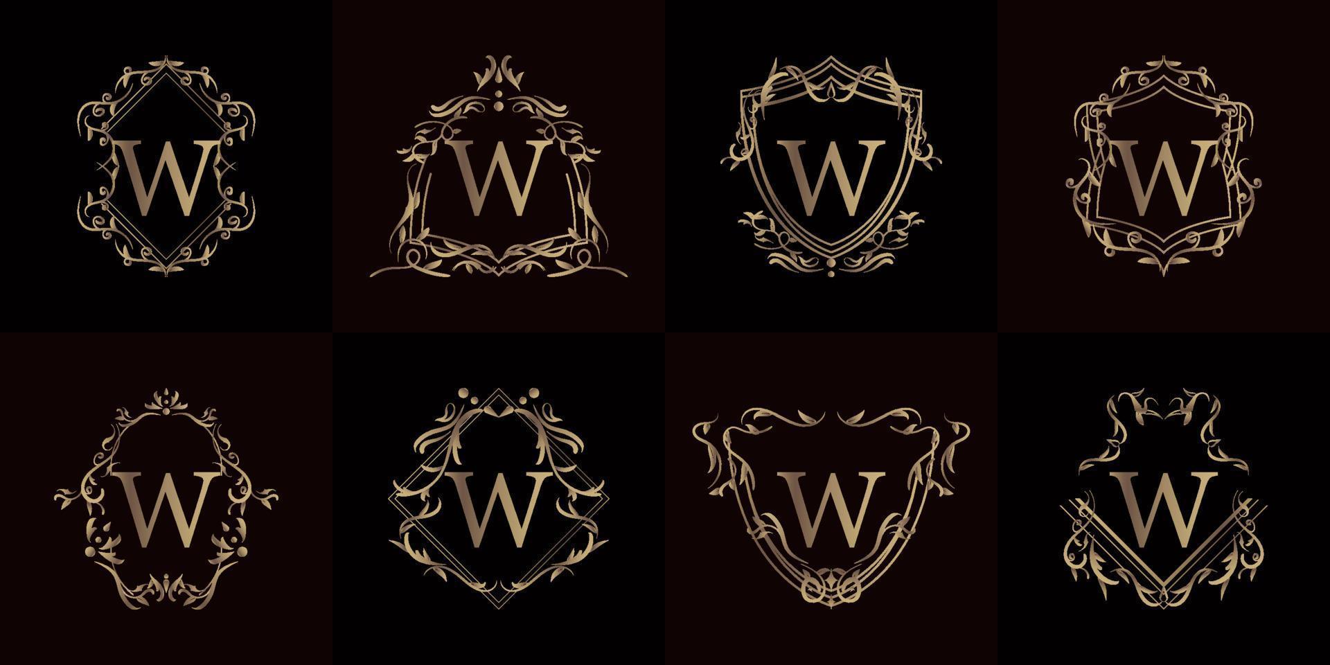 Logo initial W with luxury ornament or flower frame, set collection. vector