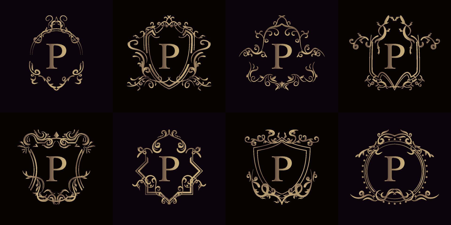 colección de logo inicial p con adorno de lujo o marco de flores vector