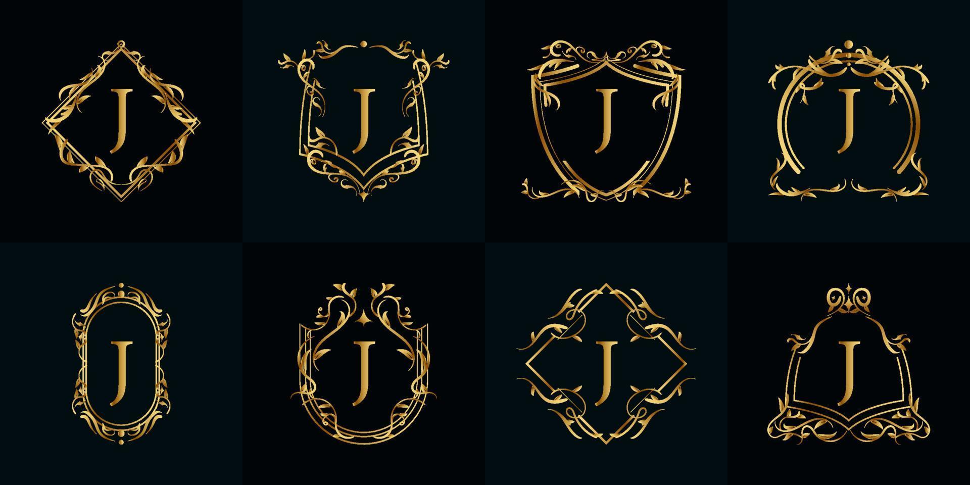 logotipo inicial j con adorno de lujo o marco de flores, colección de juegos. vector