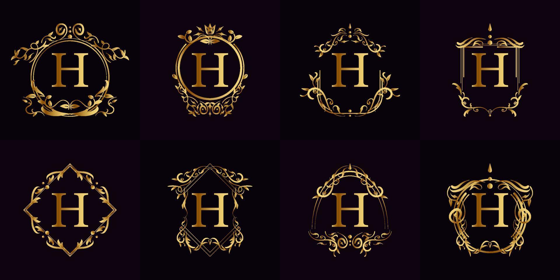 Logo initial H with luxury ornament or flower frame, set collection. vector