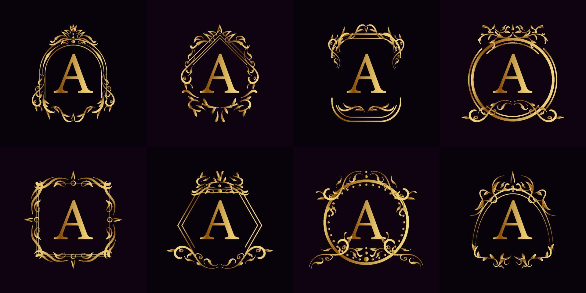 Logo initial A with luxury ornament or flower frame, set collection. vector