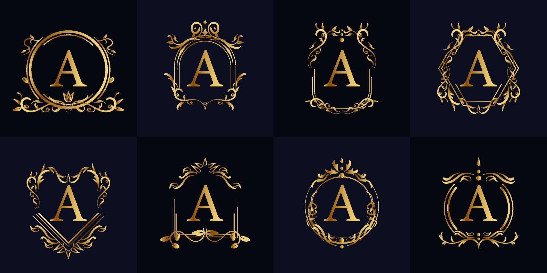 Logo initial A with luxury ornament or flower frame, set collection. vector