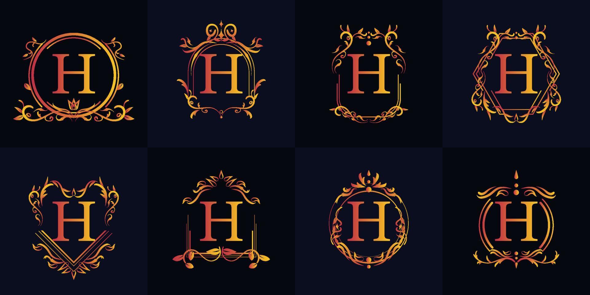 Logo initial H with luxury ornament or flower frame, set collection. vector