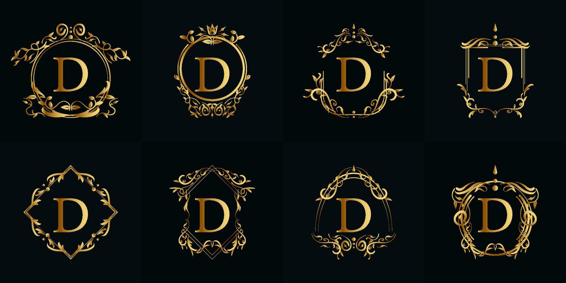 Logo initial D with luxury ornament or flower frame, set collection. vector