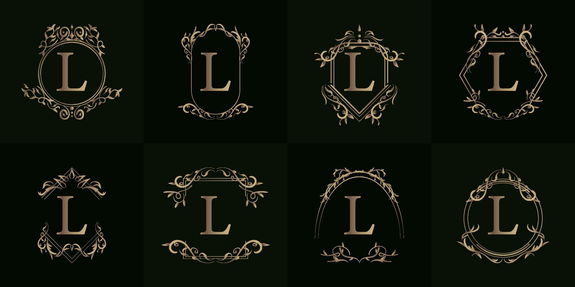 Logo initial L with luxury ornament or flower frame, set collection. vector