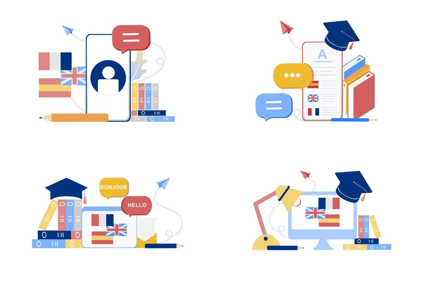 Set of online languages learning, language courses, language classes banner templates for web and mobile development. Literal translation, personal assistant, e-learning concept. Vector illustration.