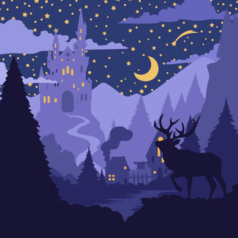 Nordic vector flat landscape with a deer and a castle